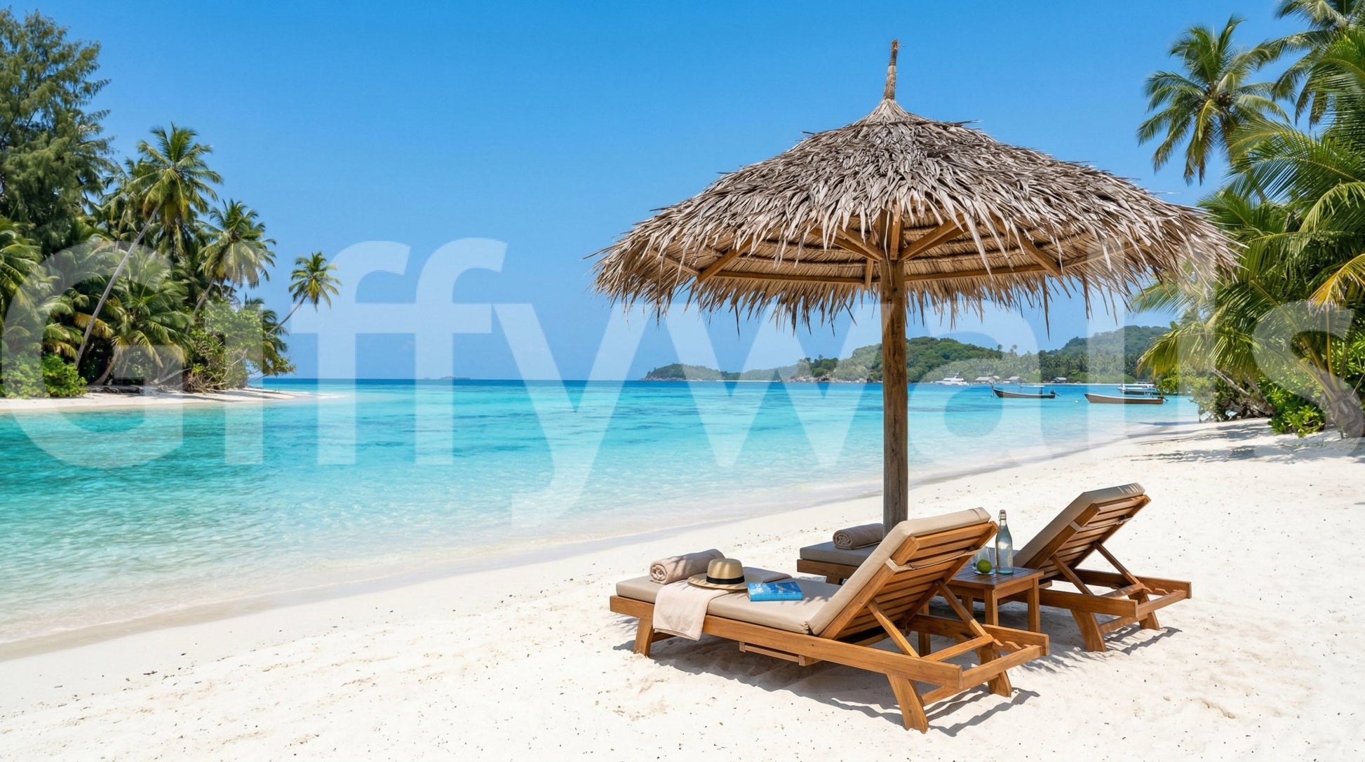 Thatched umbrella in Seaside Calm Wall Mural beside palms and a bright blue shore, GD8917