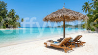 Thatched umbrella in Seaside Calm Wall Mural beside palms and a bright blue shore, GD8917