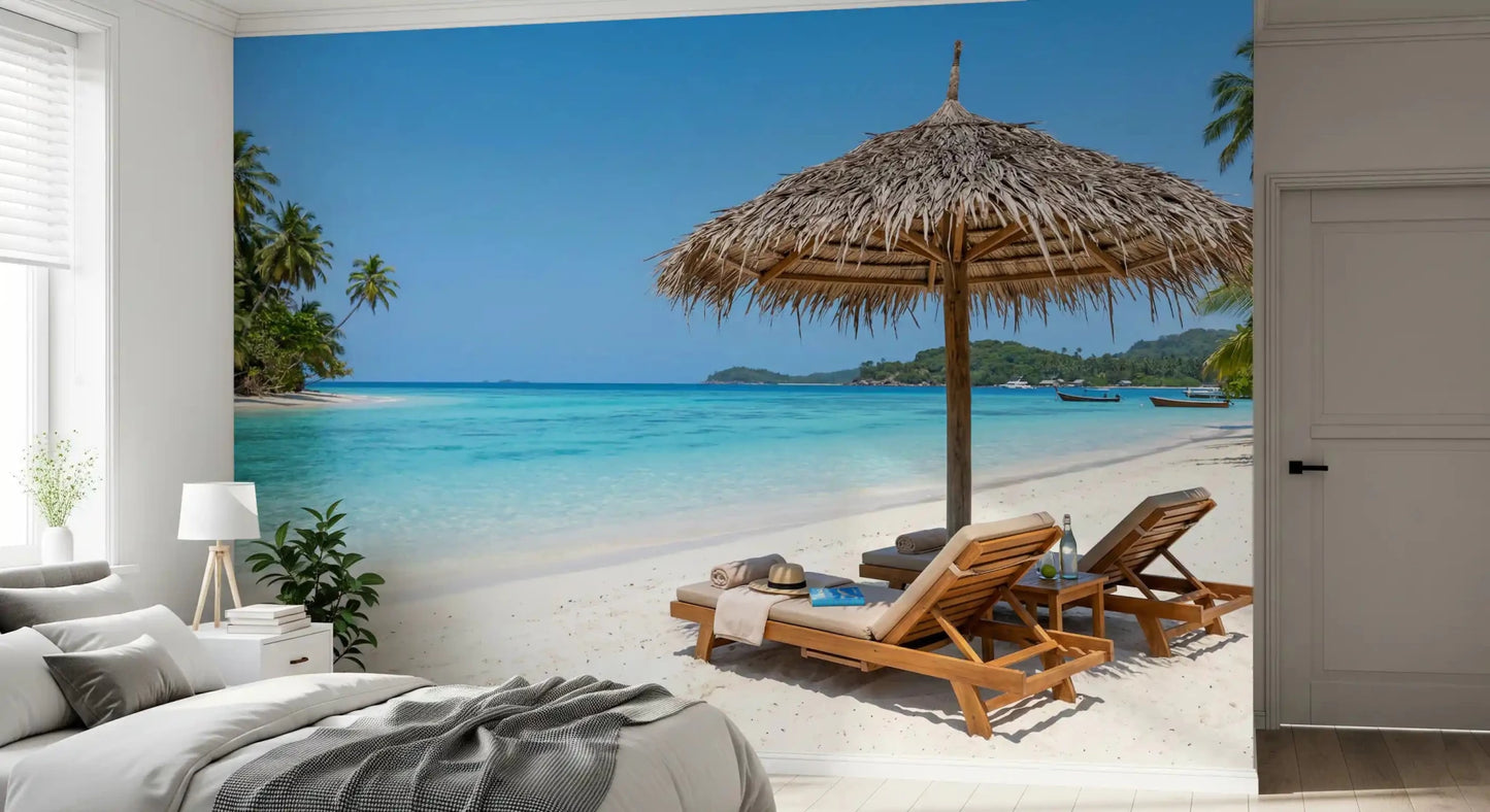 Cozy Bedroom styled with Seaside Calm Wall Mural and beach loungers in view, GD8917