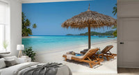 Cozy Bedroom styled with Seaside Calm Wall Mural and beach loungers in view, GD8917
