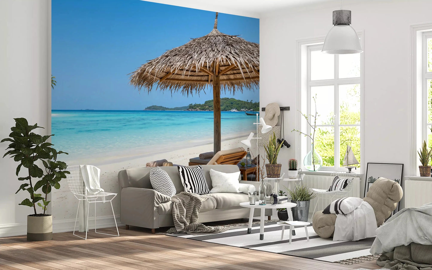 Seaside Calm Wall Mural above a pale sofa in an airy living room with greenery, GD8917