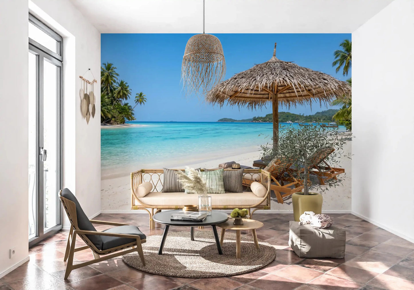 Sunlit sitting area featuring Seaside Calm Wall Mural beside tall window panels, GD8917