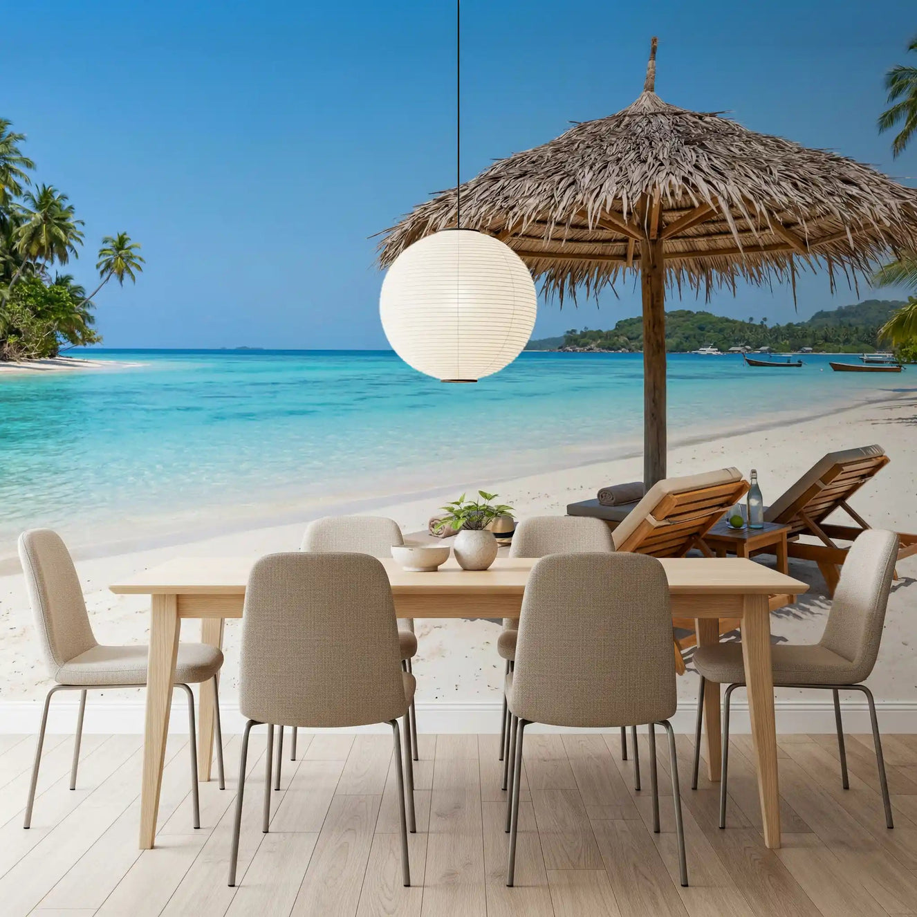 Seaside Calm Wall Mural behind a white dining set in a bright coastal dining room