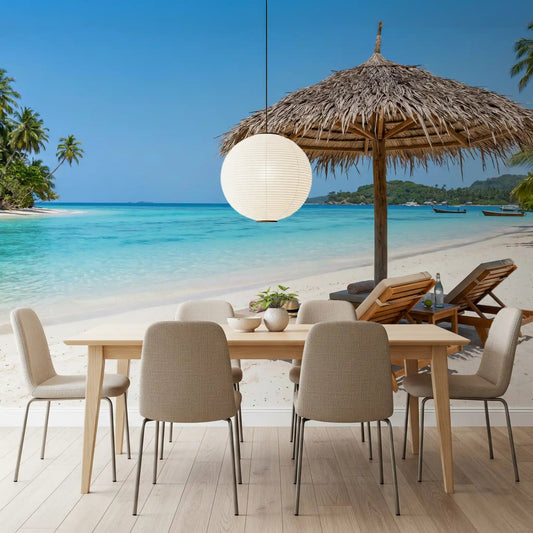 Seaside Calm Wall Mural behind a white dining set in a bright coastal dining room, GD8917