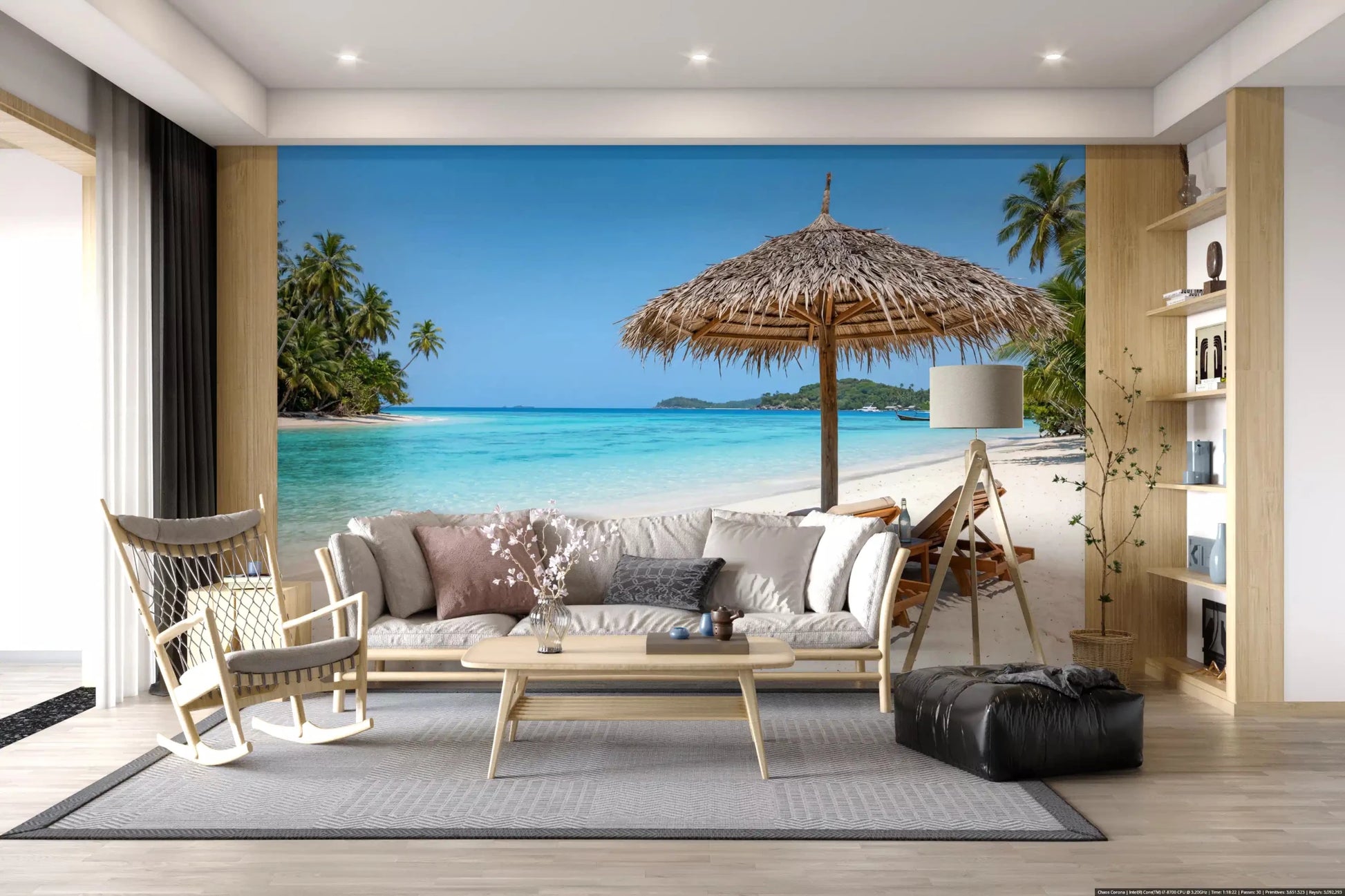 Modern lounge finished with Seaside Calm Wall Mural and a neutral sectional, GD8917