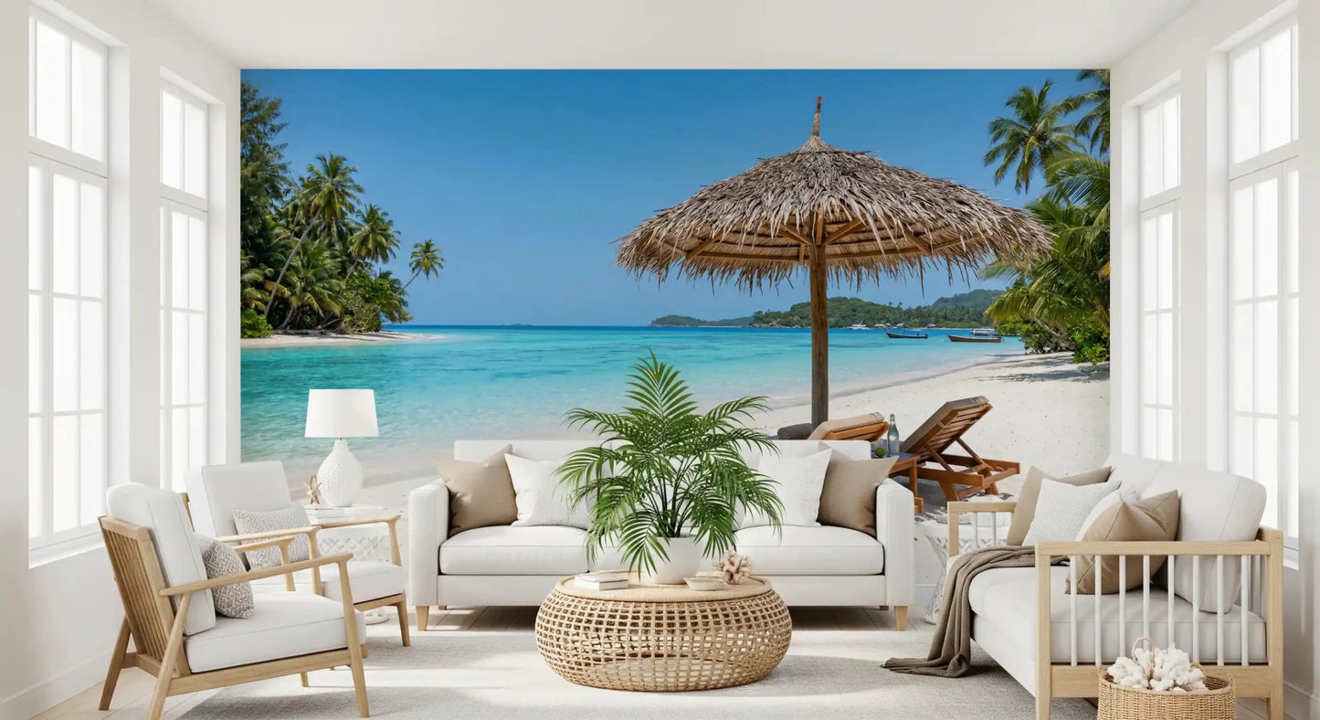 Bright Living room enhanced by Seaside Calm Wall Mural and a woven pendant, GD8917