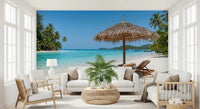 Bright Living room enhanced by Seaside Calm Wall Mural and a woven pendant, GD8917