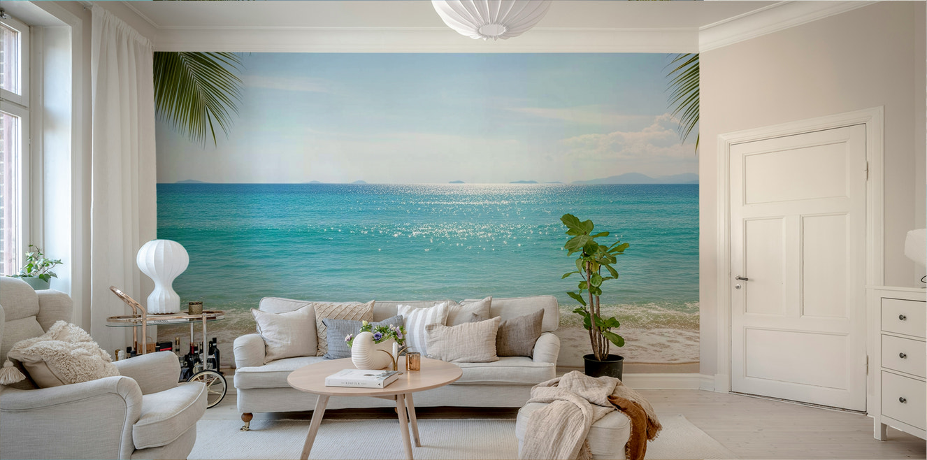 A peaceful wall mural with a serene coastal scene.

