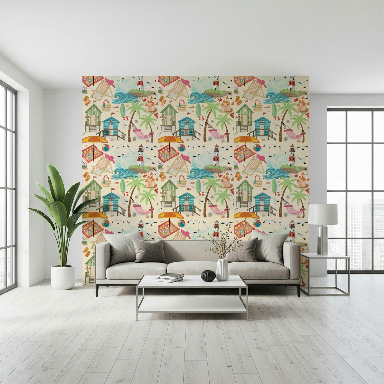 A beautiful serene beach wallpaper mural for a calming coastal theme.