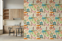 A peaceful coastal abstract mural on decorative wallpaper.