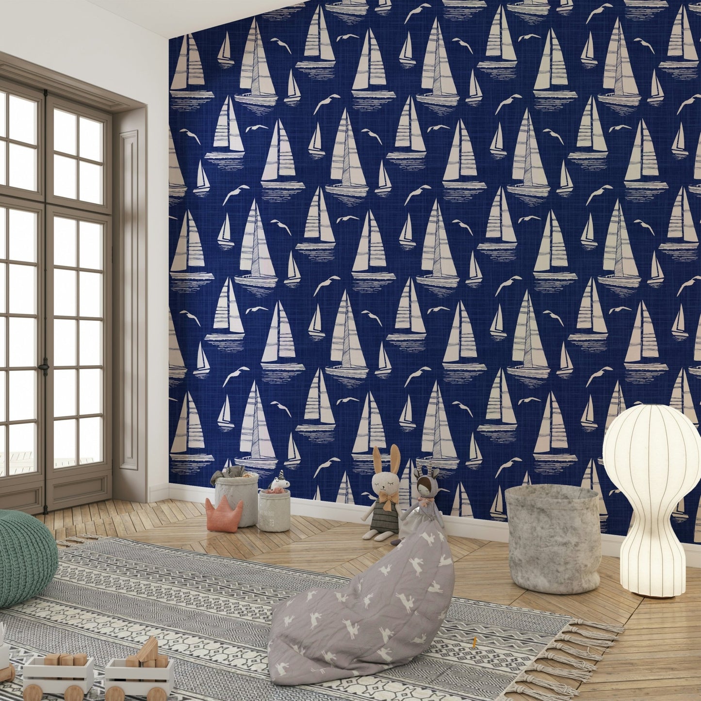 Navy blue nautical wallpaper with sailboats and seagulls

