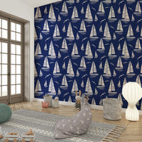 Navy blue nautical wallpaper with sailboats and seagulls

