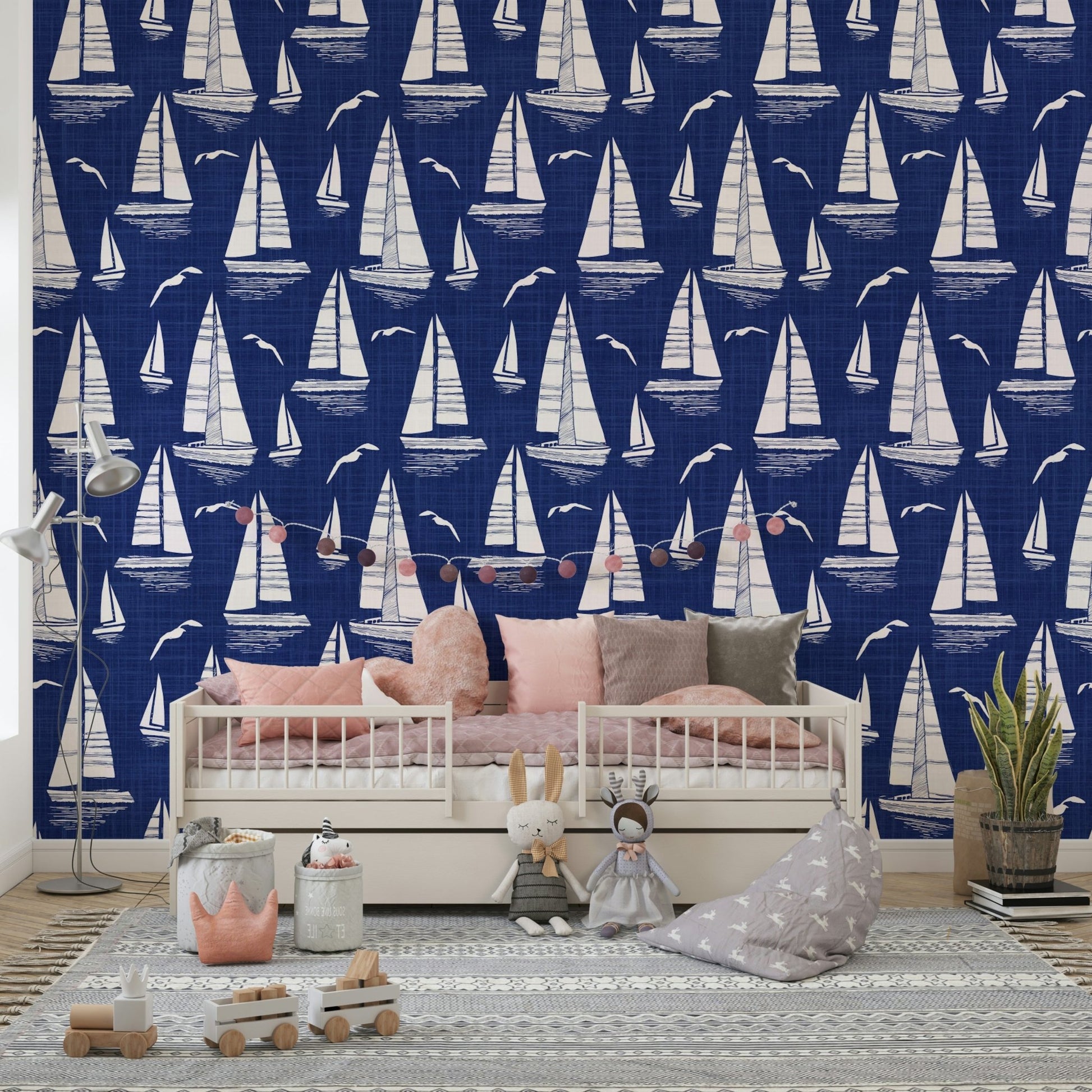 Wallcovering featuring seagulls and sailboats

