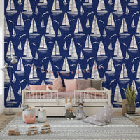 Wallcovering featuring seagulls and sailboats

