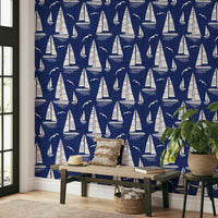 Bathroom decorated with nautical wallpaper

