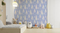 Sky blue nautical wallpaper with sailboats and seagulls

