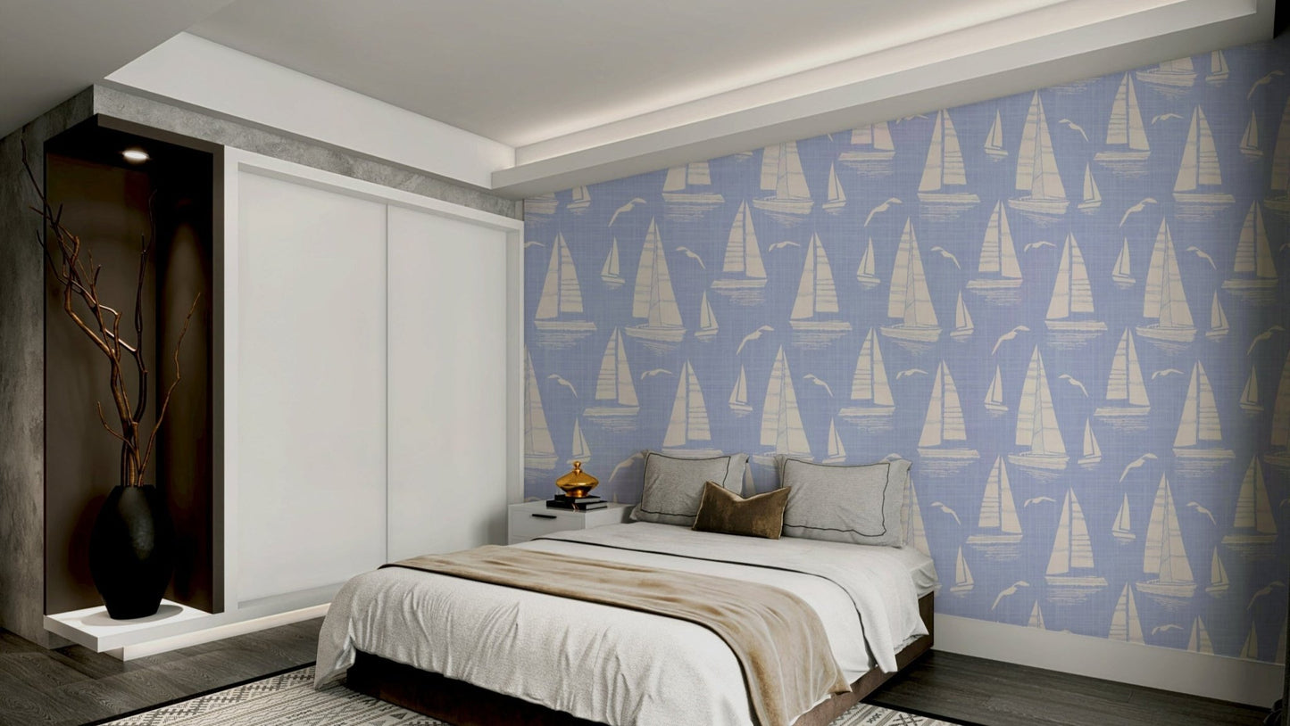 Wallcovering featuring seagulls and sailboats


