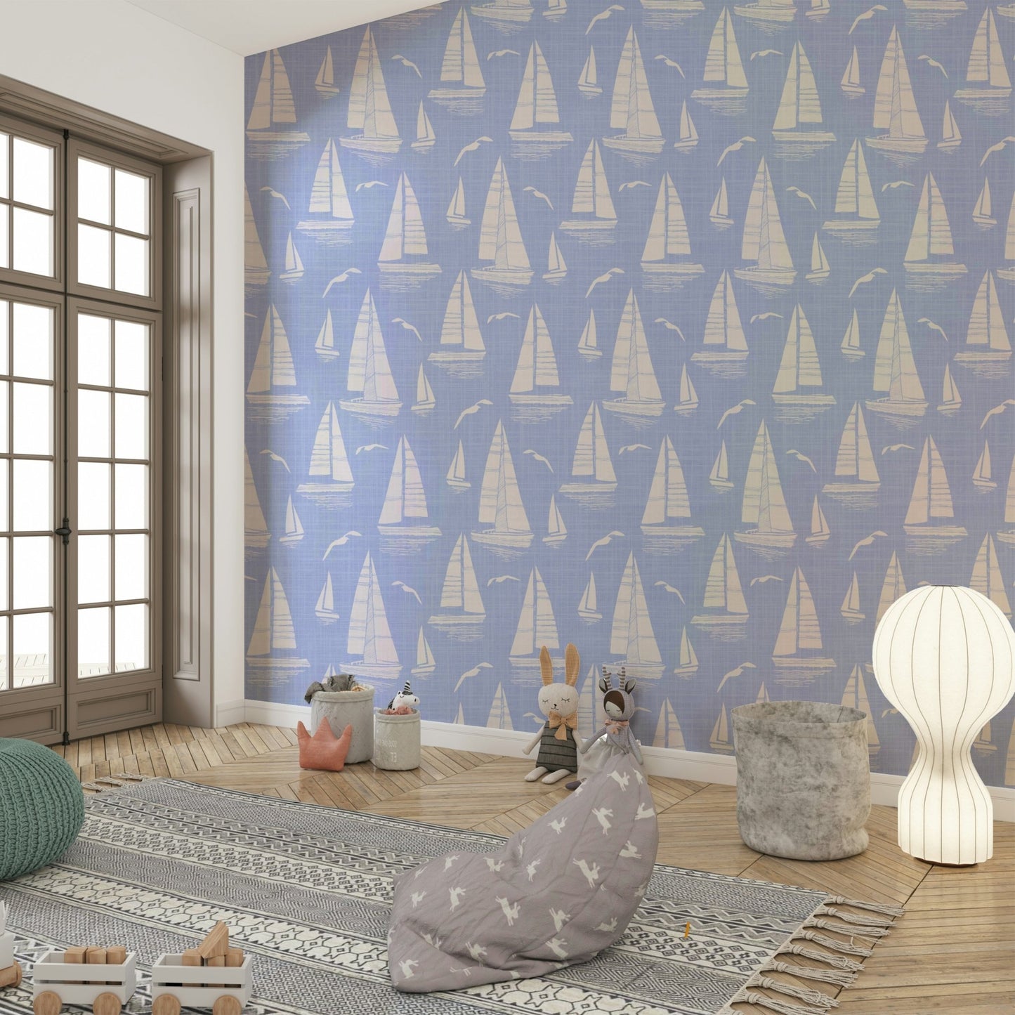 Beach house wall with sky blue nautical design

