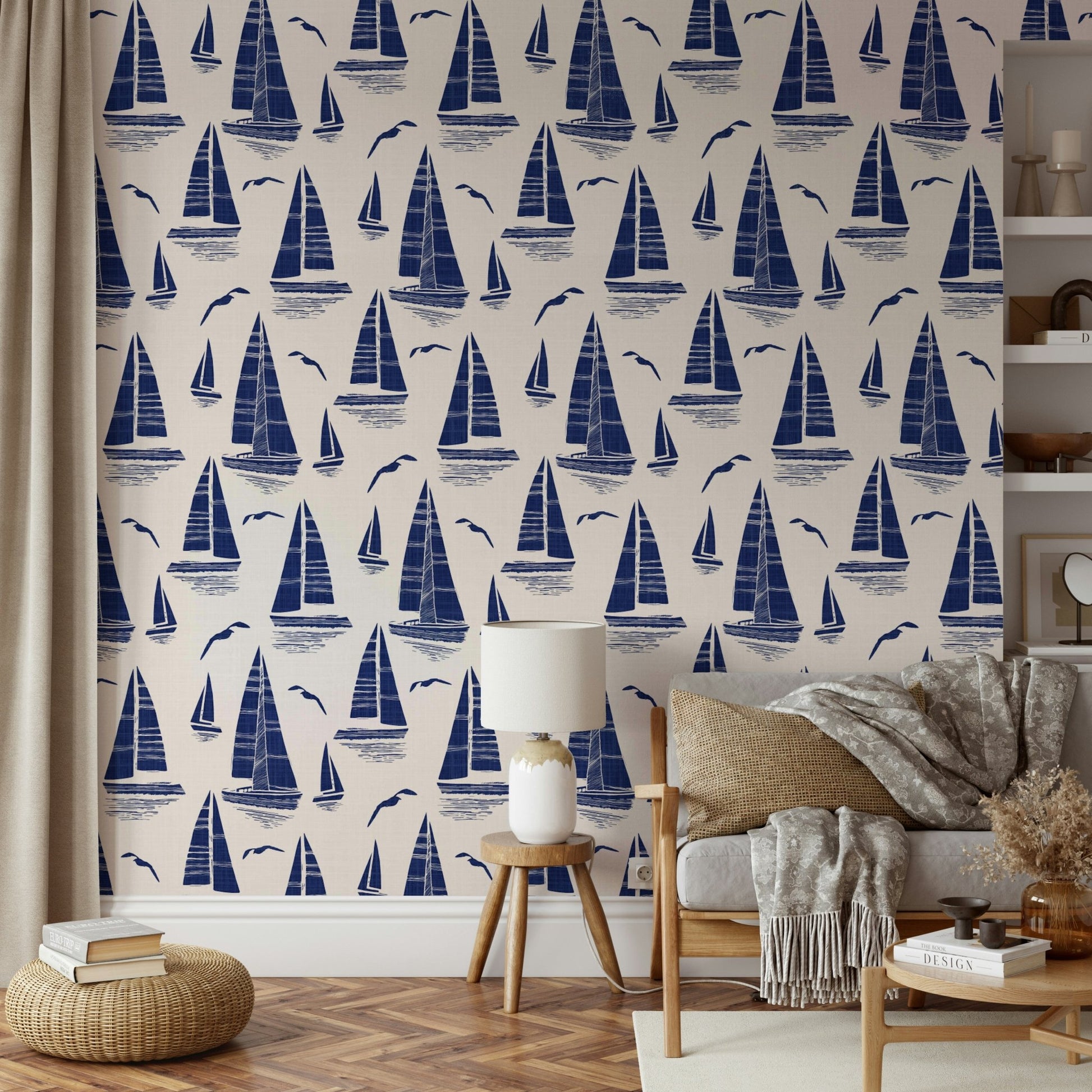 Wallcovering featuring sailboats and seabirds

