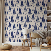 Wallcovering featuring sailboats and seabirds

