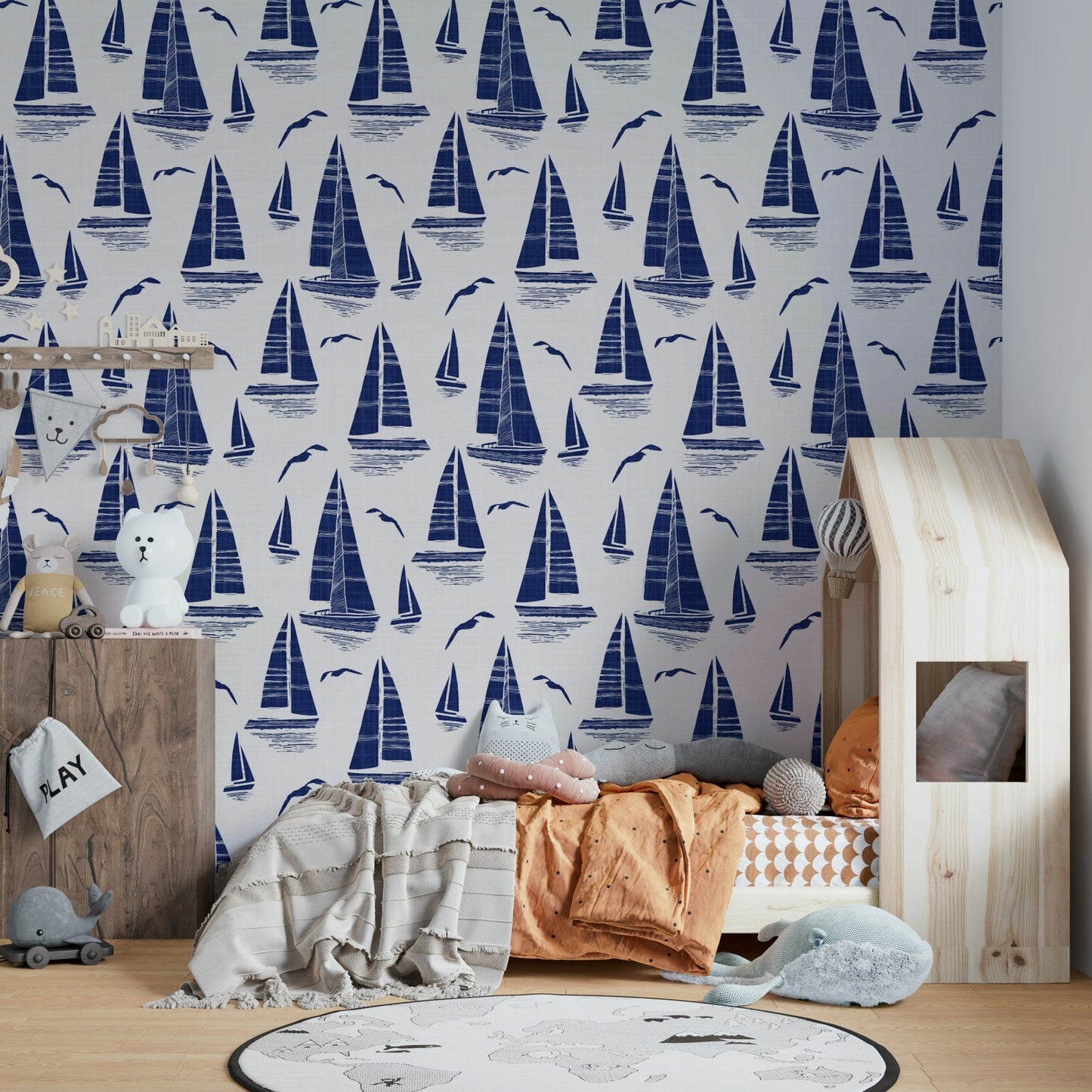 Beach house wall with nautical bird design

