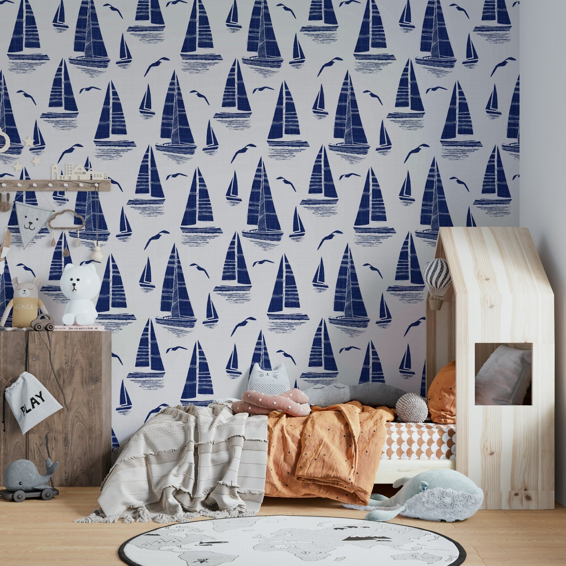 Beach house wall with nautical bird design

