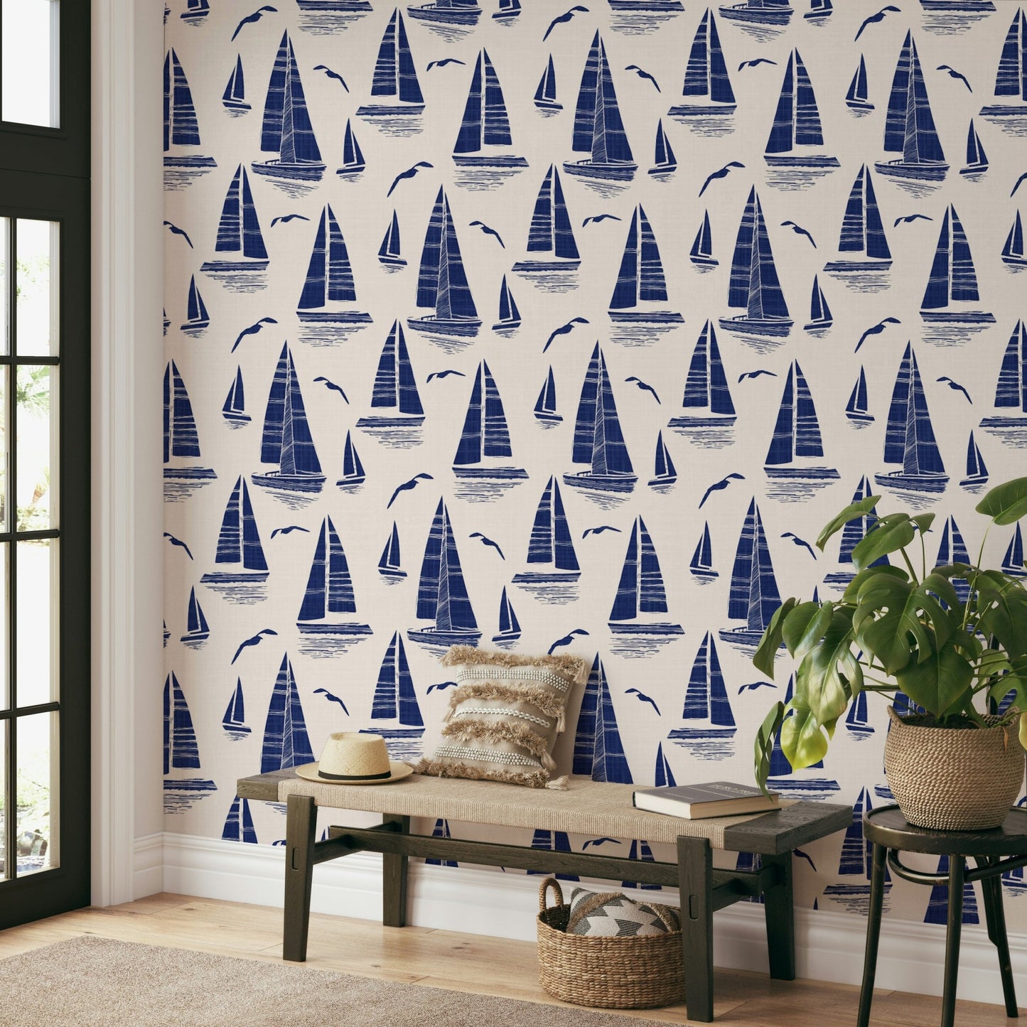 Living room accent with coastal wallpaper

