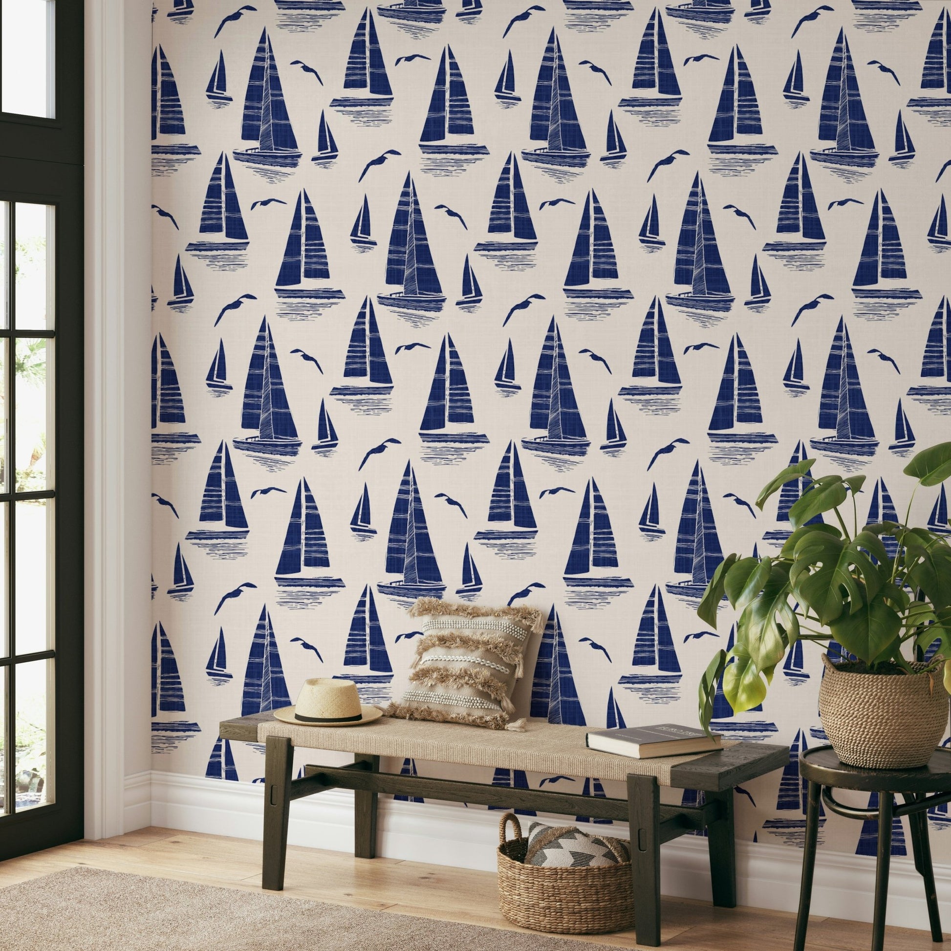 Living room accent with coastal wallpaper

