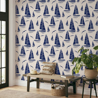 Living room accent with coastal wallpaper

