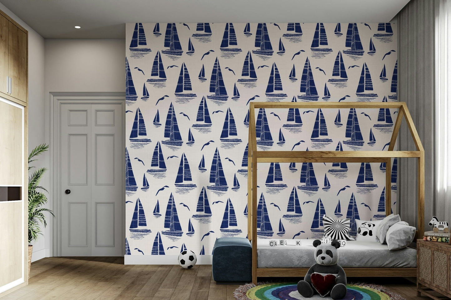 Seaside Regatta With Seagulls wallpaper on living room wall

