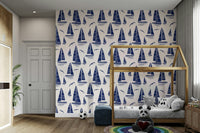 Seaside Regatta With Seagulls wallpaper on living room wall

