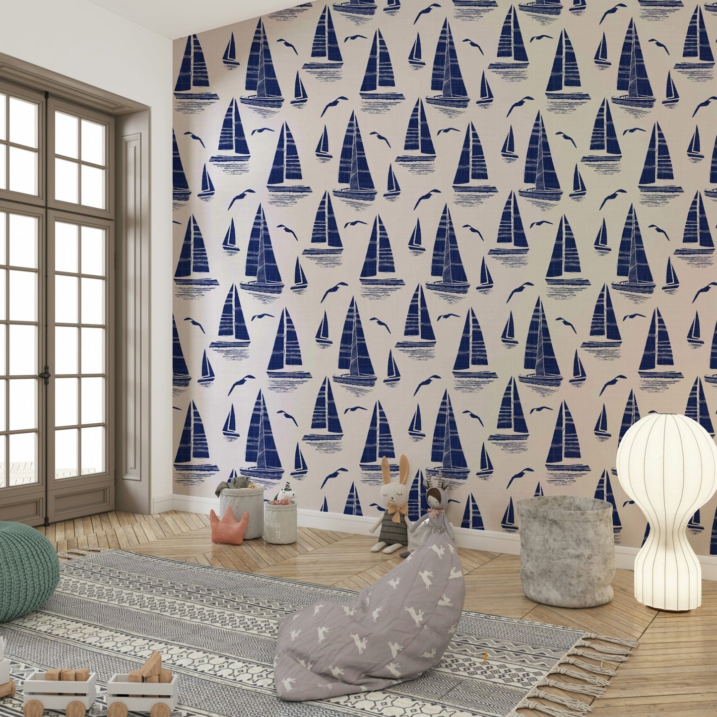 Bedroom decorated with seaside regatta wallpaper

