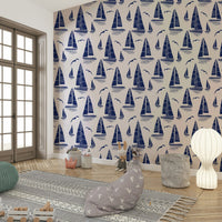 Bedroom decorated with seaside regatta wallpaper

