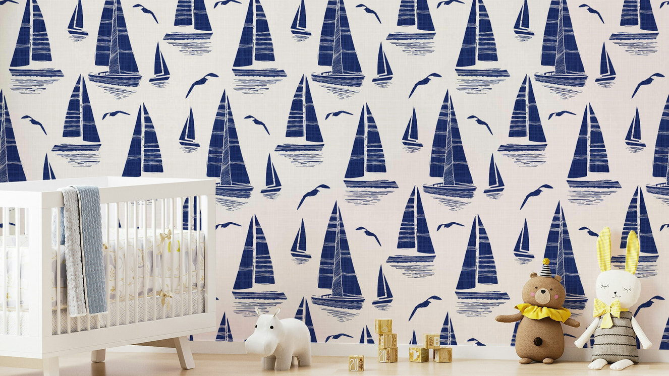 Coastal scene wallpaper for walls in blue tones

