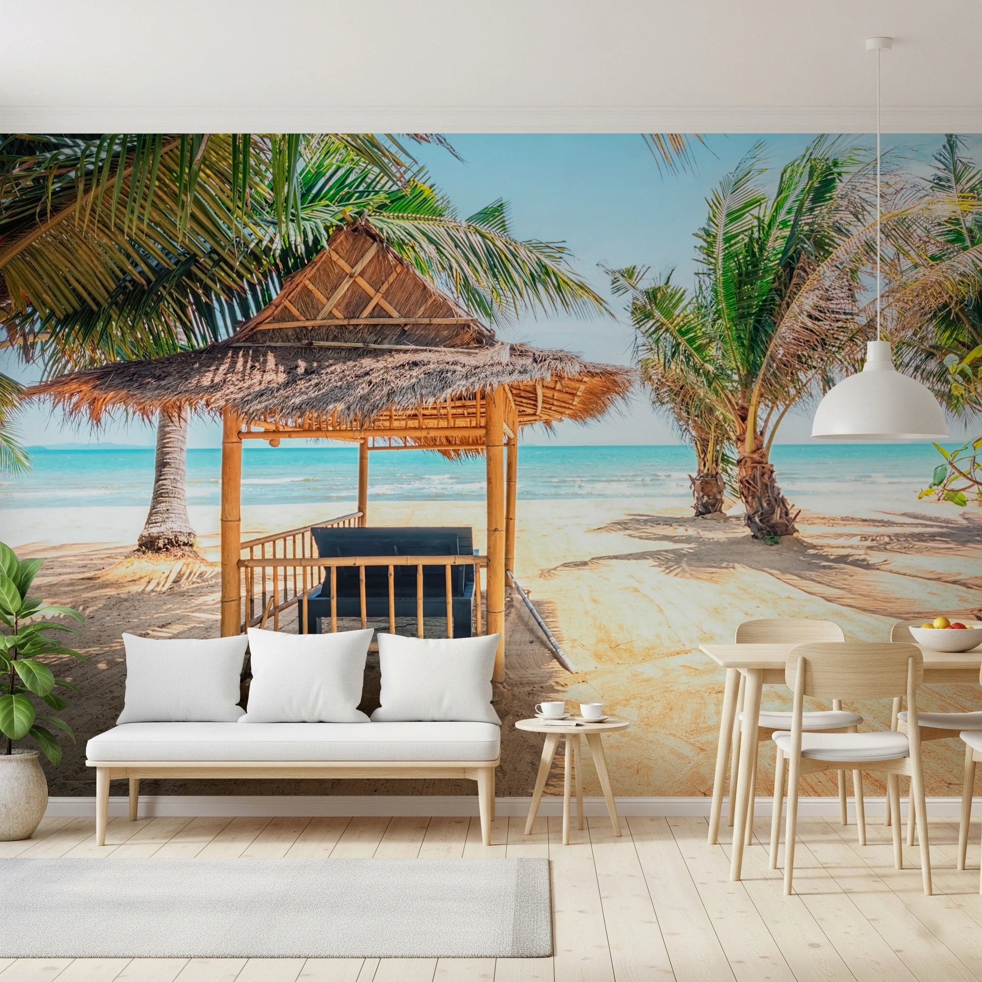 Nature inspired wall mural with a thatched roof hut on the shore.