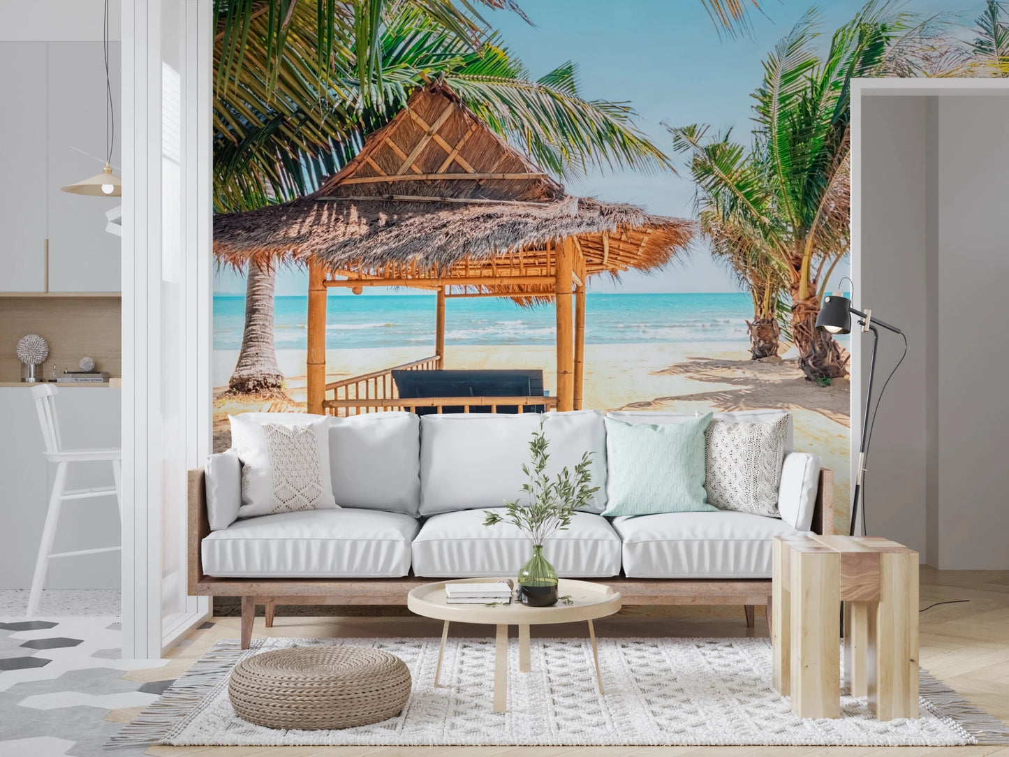 Coastal retreat wall mural with bamboo textures and greenery.