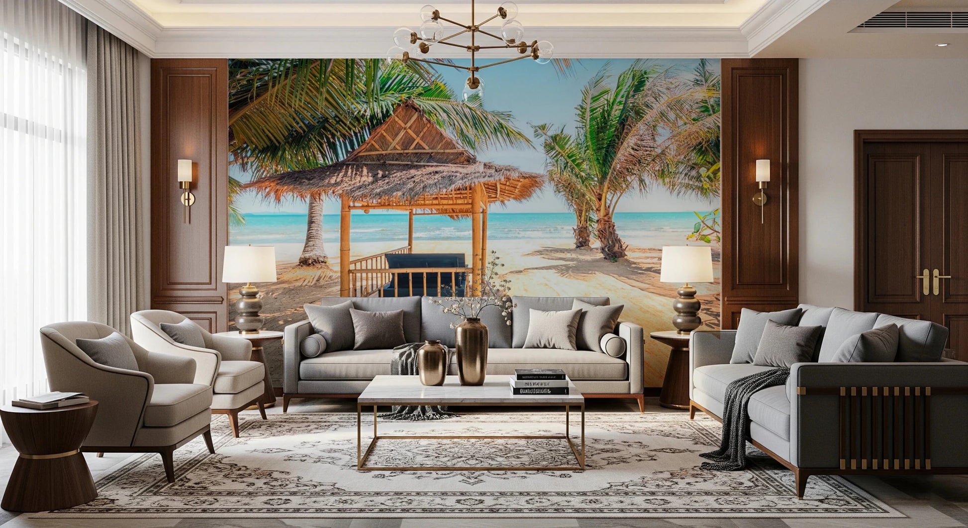 Exotic island scenery wall mural with sunlit palms and water.