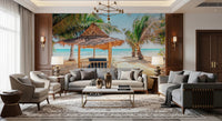 Exotic island scenery wall mural with sunlit palms and water.