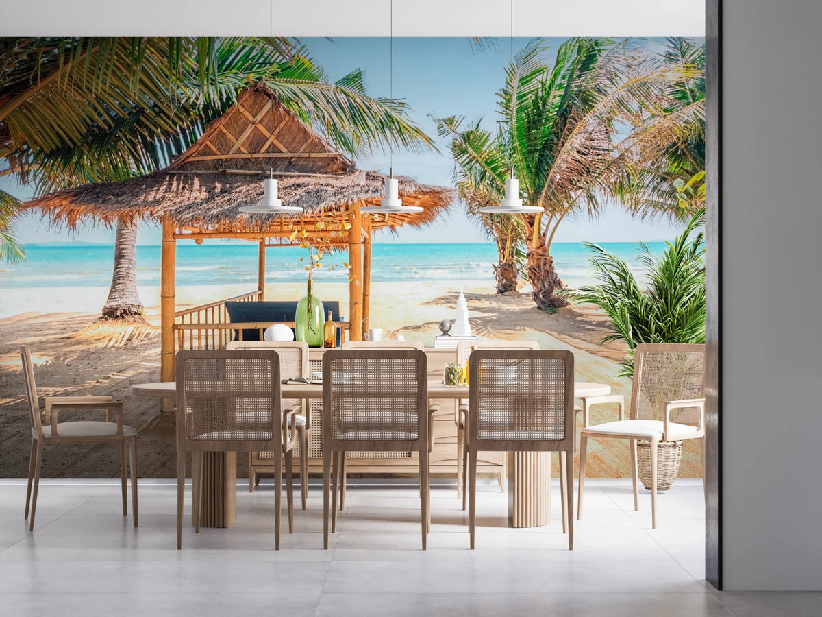 Tropical beach hut wallpaper with palm trees and blue ocean., GD8254