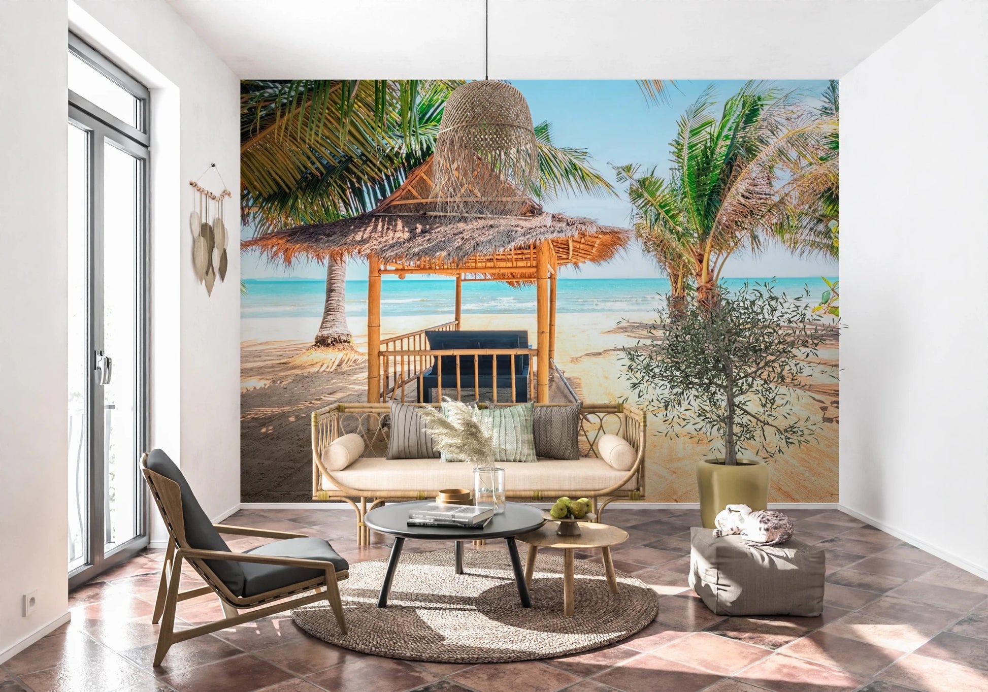Seaside Sanctuary Wall Mural featuring a bamboo shelter on sand.