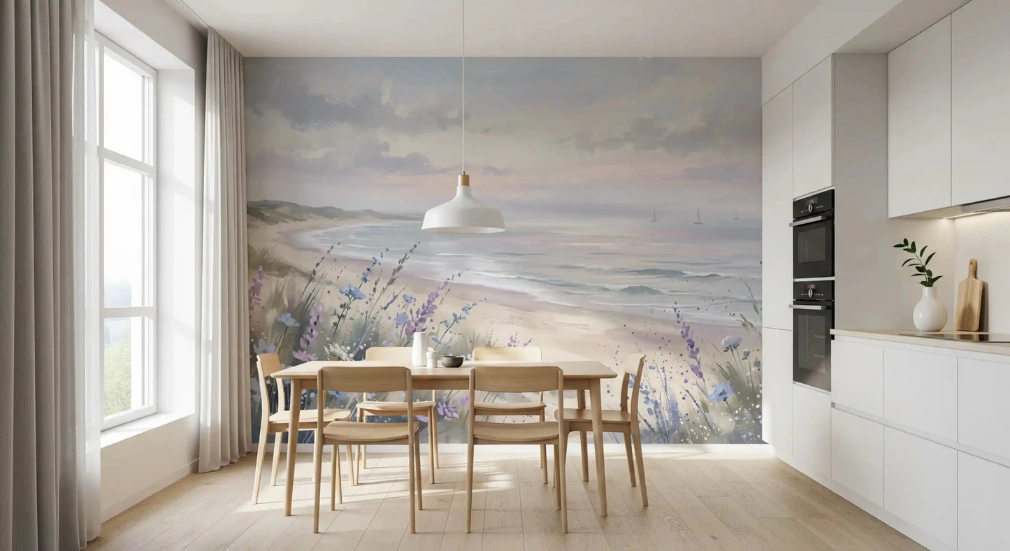 Coastal landscape wall mural with Seaside Serenity & Dune Blooms flowers