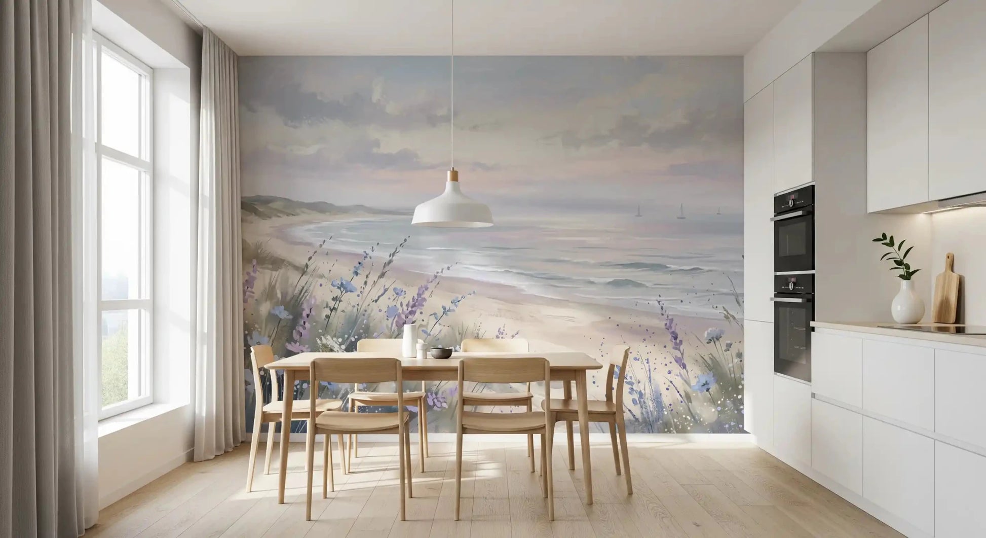 Coastal landscape wall mural with Seaside Serenity & Dune Blooms flowers