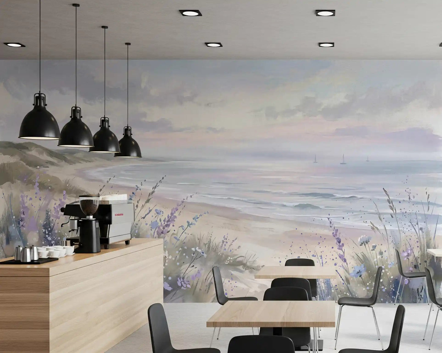 Seaside Serenity & Dune Blooms wall mural featuring pastel sky tones