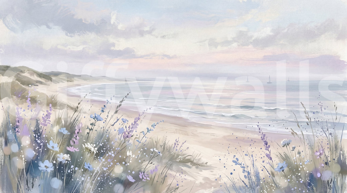 Seaside Serenity & Dune Blooms wall mural with calm shoreline and sky