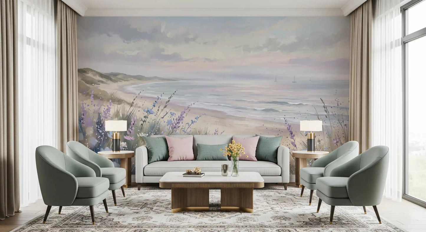 Ocean view wall mural featuring Seaside Serenity & Dune Blooms scene