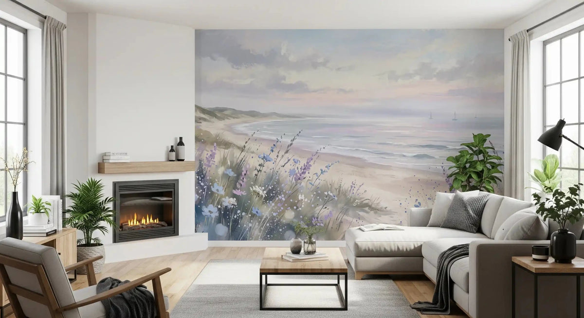 Living room styled with Seaside Serenity & Dune Blooms wall mural beach, GD9243