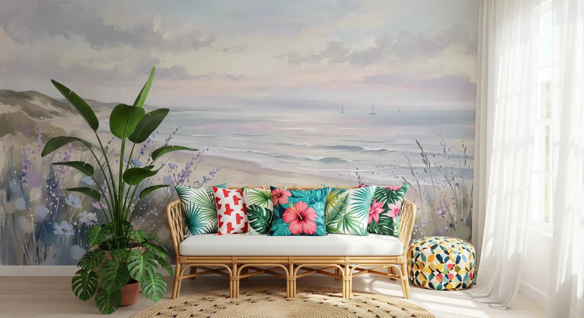 Seaside Serenity & Dune Blooms wall mural with floral foreground detail