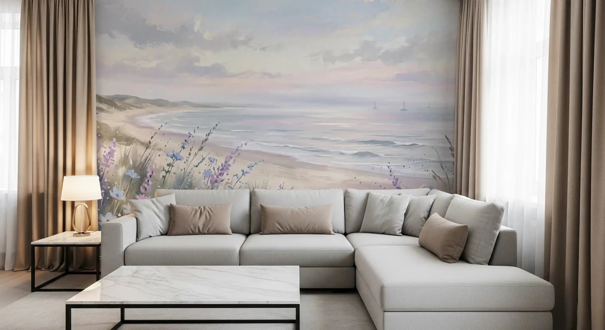 Seaside Serenity & Dune Blooms wall mural showing sandy beach and waves