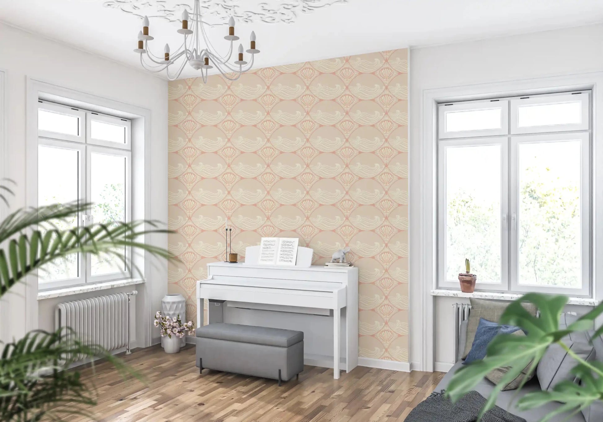 Music room  with the detailed Seaside Serenity Pattern Wallpaper installed.