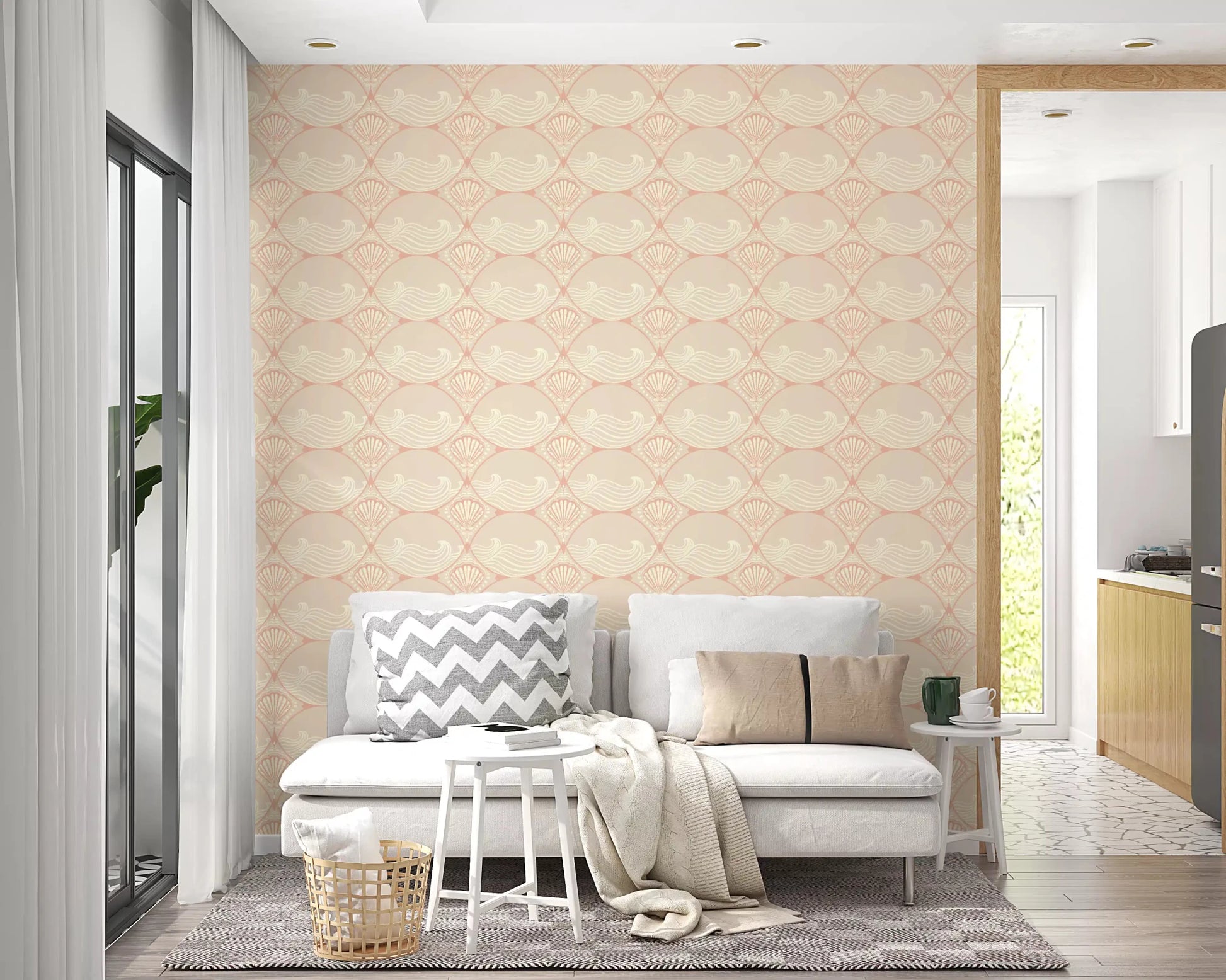 An Living room featuring the elegant Seaside Serenity Pattern Wallpaper repeat.